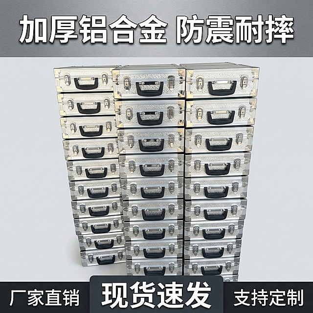 铝合金工具箱淘宝主图，核心目标是在搜索结果中一眼抓住用户注意力。顶部20%核心信息区放置加粗白色大字“加厚铝合金 防震耐摔”，字体醒目突出，搭配灰色渐变背景，和产品风格统一。中部60%商品展示区居中放置用户上传的银色铝合金工具箱堆叠的商品图，工具箱纹理清晰，金属锁扣和黑色把手细节完整，光线柔和均匀打在工具箱上，突出金属质感，背景为浅灰色纯色，没有多余元素，让商品主体完全突出。底部20%辅助信息区为通栏深灰色设计，左侧用白色字体标注“厂家直销”，中间用更大的白色加粗字体标注“现货速发”，右侧用白色字体标注“支持定制”。整体采用三分区分层布局，层次清晰，商品占据核心视觉位置，文字不遮挡产品主体，宽高比1:1，风格简约专业，符合五金工具类商品的电商主图风格。