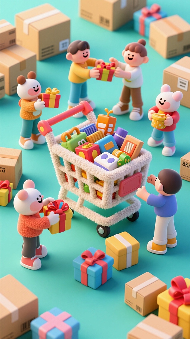 一个巨大的购物车，购物车里装满了各种商品，购物车周围还有许多快递包裹和礼物盒，展现出购物狂欢氛围，画面中还有几个卡通形象的人物在挑选商品，展现出消费者的快乐和满足