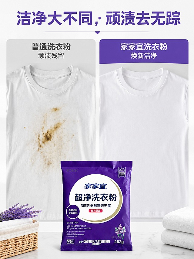 [第2屏] 洗衣痛点对比，展示普通洗衣粉和家家宜洗衣粉清洁效果对比。本屏使用【图1】作为产品主体。
[氛围/风格] 清晰直观对比风格，真实自然，商业实拍质感。
[元素布局] 画面左右分栏对比，左栏展示普通洗衣粉洗后仍留有顽渍的衣物，右栏展示使用家家宜洗衣粉洗后洁净的衣物；产品包装袋置于下方居中位置，占比约30%。整体结构清晰，对比直观。
[光影质感] 均匀柔光，左右光影一致，污渍和洁净效果对比清晰明显。
[配色色系] 全局底色 #F8F8F8，主色紫色产品色，对比栏浅灰底配深色文字。
[视角构图] 左右分屏对比构图，正面平视，清晰展示差异。
[文字版式] 顶部标题「洁净大不同，顽渍去无踪」，左栏标注「普通洗衣粉 顽渍残留」，右栏标注「家家宜洗衣粉 焕新洁净」，文字简洁清晰，不遮挡对比效果。
[比例分辨率] 3:4 竖版比例，4K分辨率，文字清晰可辨，高清画质。
[负向提示词] 过度夸张，恶心污渍，文字错乱，颜色偏差，产品变形，背景杂乱。
