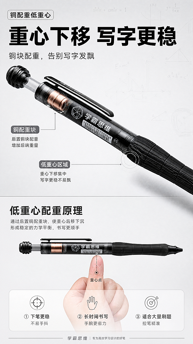 [商品] 使用【图6】黑色款笔身特写；保留铜配重低重心设计、笔身结构、Logo、学霸思维字样、竖纹握胶；展示笔的平衡感与配重分布。
[画面] 目标：铜配重低重心技术展示，突出握持稳定不飘。构图：竖版9:16，上半部分笔身侧视大图（斜向45度摆放），用引线标注「铜配重块」位置与「低重心区域」，下半部分文案+平衡示意（笔放在手指上平衡的示意图）。主体占画面55%，背景浅灰渐变+理科公式暗纹。阅读动线：先看笔身标注，再向下读原理与收益。
[视觉] 套系策略：风格=简约现代文具商业摄影风，带学霸理科氛围感；标题字=现代无衬线粗黑体；正文字=简洁无衬线体；主色=深炭灰+白色；背景延展=基于黑白灰做深浅层级、同色渐变和细腻纸张/磨砂质感，点缀浅灰理科公式暗纹；强调色=银灰色，仅用于小面积图标、引线和标签高光；标题色=深炭黑；正文色=中灰；组件=细线圆角信息卡、几何引线、公式装饰元素；光影=左前侧柔光，笔身金属质感与配重部位有细腻高光。
[文字] 顶部技术标签「铜配重低重心」，主标题「重心下移 写字更稳」，副标题「铜块配重，告别写字发飘」；3个体验点：①「下笔更稳 不易手抖」②「长时间书写 手腕更省力」③「适合大量刷题 控笔精准」；引线标注笔身配重位置，全部文字横向排版。
[规格] 图片比例9:16竖版，4K分辨率，负向提示：避免结构虚构、笔身变形、错字、文字过小、竖排文字、颜色偏差。