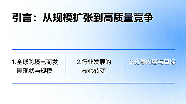 生成跨境电商引言PPT内页，标题为“引言：从规模扩张到高质量竞争”，包含三个二级要点：1.全球跨境电商发展现状与规模 2.行业发展的核心转变 3.分享内容与目标，蓝白商务风格，排版清晰