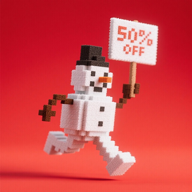 像素风雪人拟人奔跑，手持“50% OFF”促销牌，软3D质感搭配粘土纹理，萌趣十足，节日氛围浓厚。