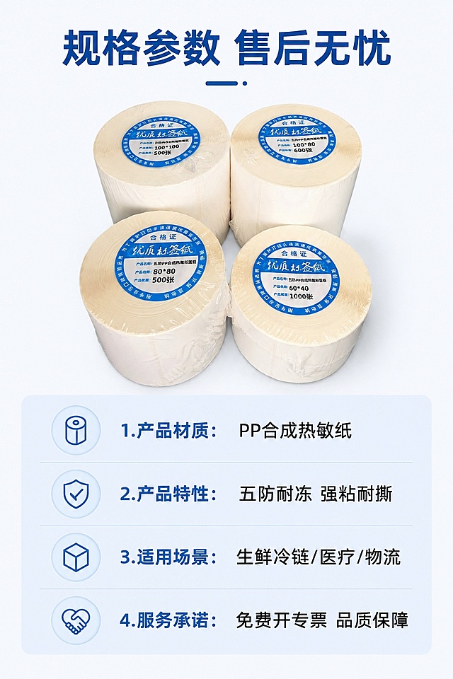 [第8屏] 规格参数与售后保障页，清晰呈现产品完整参数与服务承诺。本屏使用【图7】展示多规格组合产品。
[氛围/风格] 简约专业，清晰可信的信任背书风格。
[元素布局] 上半部分放置产品组合图，占比约45%；下半部分制作参数信息卡，分点列出产品参数与售后保障；整体布局宽松舒适，信息分区清晰，不拥挤。保留产品外观和组合布局与原图一致。
[光影质感] 均匀柔光照明，产品清晰，信息区域干净通透，整体明暗自然。
[配色色系] 全局底色 #F5F8FC；主色深蓝色标题，黑色正文，浅蓝色块作为信息卡背景。
[视角构图] 上下分栏构图，产品在上，信息在下，平视角度，阅读顺畅。
[文字版式] 顶部主标题「规格参数 售后无忧」，信息卡分四点展示：1.产品材质：PP合成热敏纸 2.产品特性：五防耐冻 强粘耐撕 3.适用场景：生鲜冷链/医疗/物流 4.服务承诺：免费开专票 品质保障；文字排版整齐，行间距合适，清晰易读。
[比例分辨率] 9:16 竖版比例，4K分辨率，文字清晰可辨，高清画质。
[负向提示词] 排版混乱，文字过小，产品变形，文字错误，水印，虚假承诺，背景杂乱