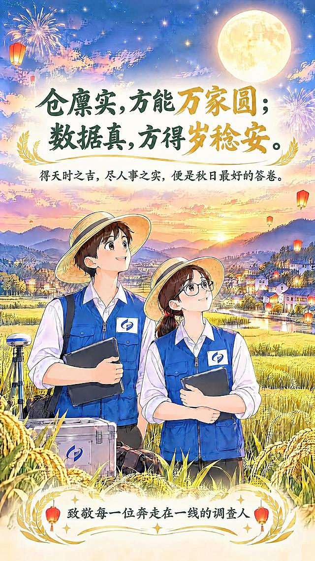 对这张结尾海报进行局部文字修改，其他内容完全保持不变：将底部花环内的文字'致敬每一位奔走在田野间的农业调查人'修改为'致敬每一位奔走在一线的调查人'。其余所有元素（圆月、烟花、孔明灯、万家灯火、两位调查员人物、蓝马甲标志、仪器箱、金句'仓廪实，方能万家圆；数据真，方得岁稔安。得天时之吉，尽人事之实，便是秋日最好的答卷。'、稻穗灯笼花环、整体色调和布局）均保持原样，文字清晰无错字。