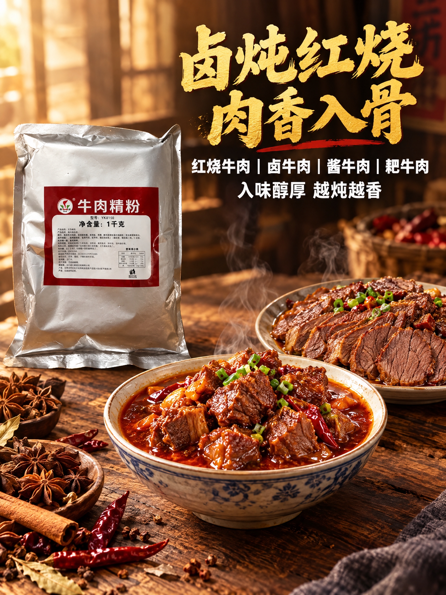 暖调市井+简约餐饮商用风格主图，红烧牛肉与卤牛肉场景，老旧木质… - 图片创意预览