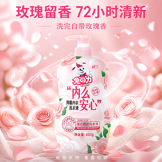 [主图-2] 内衣洗衣液留香持久通感图，玫瑰花香氛围感。
[氛围风格] 浪漫香氛风，通感表达，梦幻柔焦。
[画质] 商业艺术摄影质感，柔焦梦幻，光线柔美，超高清。
[元素] 兔之力内衣洗衣液瓶身位于画面中央，正面展示。瓶身周围有大量粉色玫瑰花瓣从上方缓缓飘落，形成花瓣雨效果，空气中弥漫着半透明的粉色香气波纹（用柔美的曲线和光点表现）。底部是一片白色蕾丝内衣布料，上面散落着玫瑰花瓣。背景是深粉色到浅粉色的渐变，有光斑和光晕效果，营造浪漫香氛氛围。保持产品外观与输入产品图完全一致，杜绝变形色差。商品主体占比约55%。
[光影] 柔和顶光+侧逆光，花瓣有通透光感，香气波纹有自发光效果，整体梦幻柔美。
[配色] 主色渐变粉色背景（深粉到浅粉）；辅色玫瑰粉、白色、金色光点；整体统一粉色浪漫调。
[视角构图] 正面平视角度，产品居中，花瓣雨与香气波纹环绕，形成沉浸式留香体验。
[文字版式] 画面上方大字"玫瑰留香 72小时清新"玫红色粗体；下方小字"洗完自带玫瑰香"粉色中号字。底部一行"贴身衣物 香香软软"白色小字。文字放在上下负空间，不遮挡产品主体。
[输出要求] 1:1比例，文字清晰可辨，超高清商业摄影质感。
[负向提示词] 变形，文字错乱，产品图模糊，背景杂乱，水印，电商平台Logo，多余的手，畸形手。