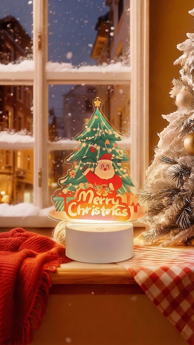 将图片中的亚克力圣诞树发光音乐盒产品尺寸缩小一半，放置在窗台合适位置，保持产品和场景融合自然，保留亚克力通透质感和环境光影效果