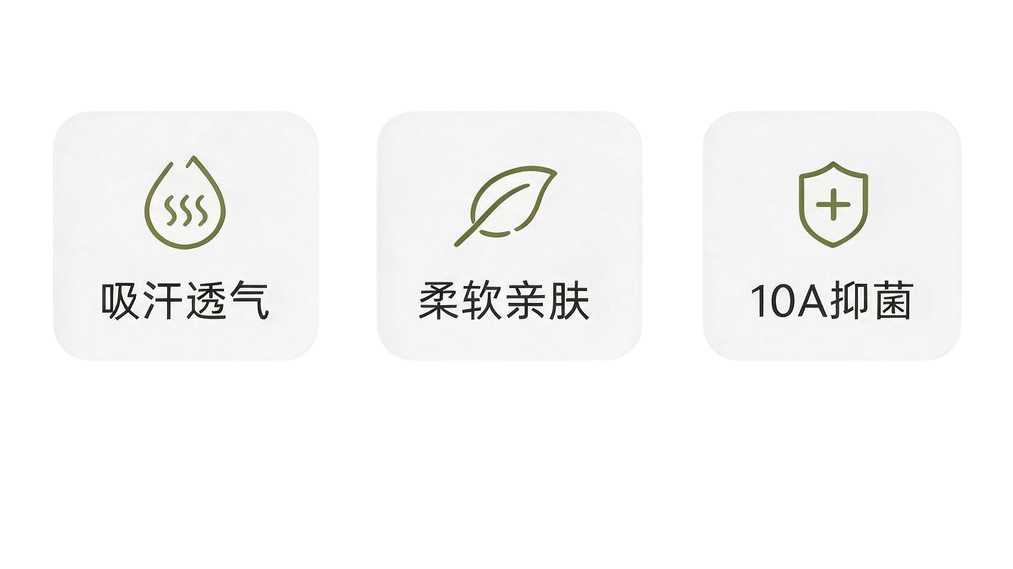 保留图中三个圆角方形图标框（吸汗透气、柔软亲肤、10A抑菌）的… - 图片创意预览