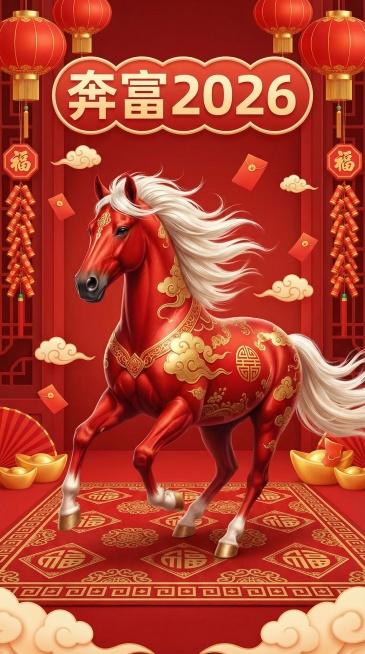 一匹红色的骏马，身上绘有金色祥云和传统纹样，鬃毛和尾巴为白色飘逸，姿态昂扬奔跑。背景是喜庆的中国风场景，红色为主色调，挂满红灯笼、福字春联、鞭炮和金元宝，上面圆润字体”奔富2026“，地面铺有“福”字预览效果