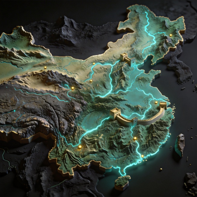 中国古代地形3D等距浮雕地图，聚焦雄伟山脉与河谷，暗黑模式背景，山脉带逼真岩石纹理，河流为发光青色线条，关键战略关口用金色小光点标记，硬核地理数据可视化，国家地理风格混合高科技美学，戏剧性照明，焦点清预览效果