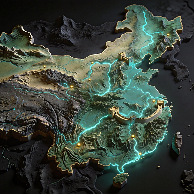 中国古代地形3D等距浮雕地图，聚焦雄伟山脉与河谷，暗黑模式背景，山脉带逼真岩石纹理，河流为发光青色线条，关键战略关口用金色小光点标记，硬核地理数据可视化，国家地理风格混合高科技美学，戏剧性照明，焦点清晰