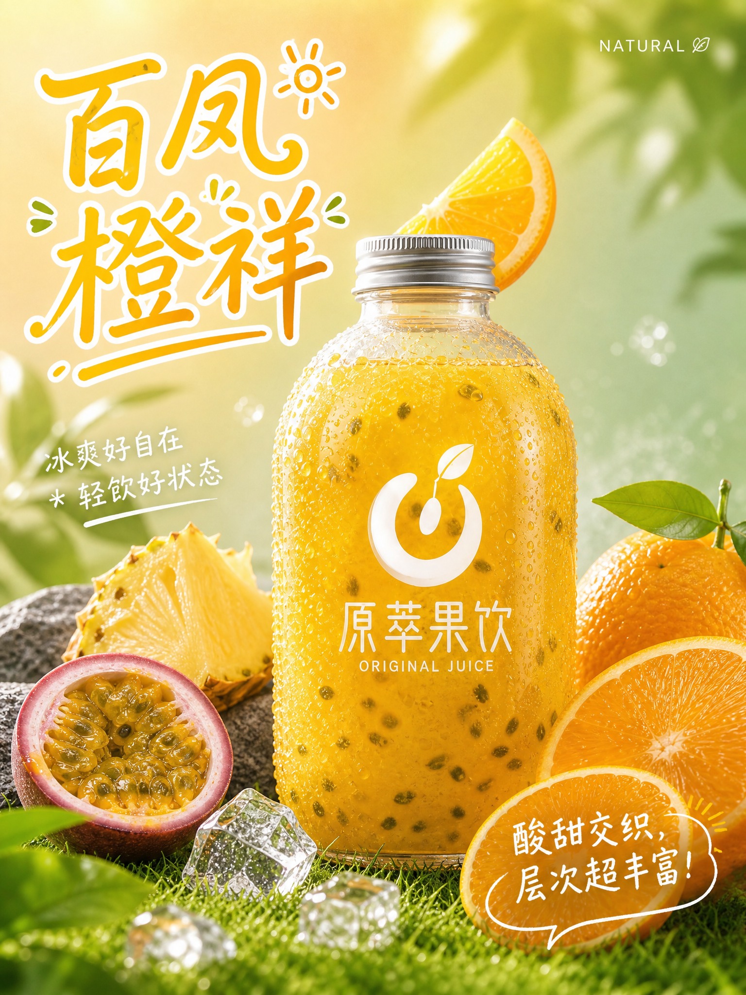 参考图的版式骨架和氛围风格，生成百香果凤梨橙鲜榨果汁广告海报。… - 图片创意预览