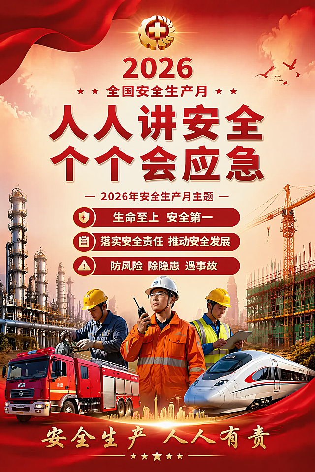 保持海报原有内容和风格不变，调整为2:3比例，红色主色调，庄重正式的2026年安全生产月主题宣传海报