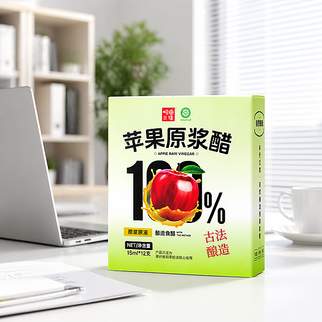 将原图片中的苹果原浆醋产品放在现代简约办公室工作场景中，产品保持清晰突出，作为电商主图