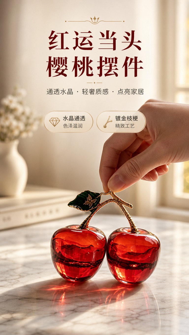 [商品] 使用【图1】红水晶双果樱桃摆件；保留双颗圆润红樱桃造… - 图片创意预览