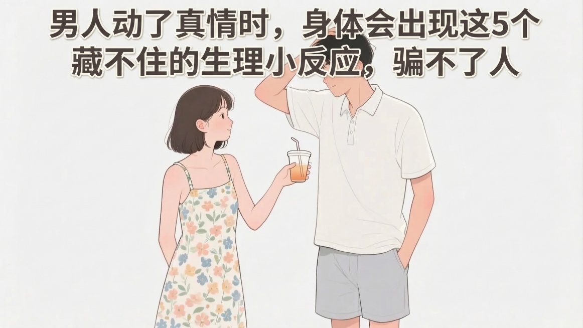 在这张插画的上方空白位置添加文字：男人动了真情时，身体会出现这5个藏不住的生理小反应，骗不了人，文字清晰醒目，和整体插画风格协调预览效果