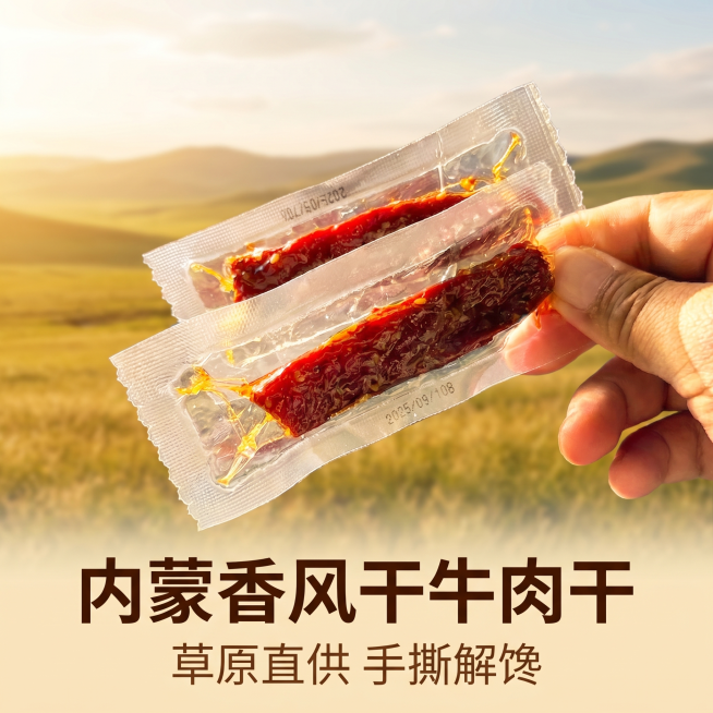 [主图-1] 内蒙香风干牛肉干商品主图。[氛围风格] 暖调草原美食风，干净高级，食欲感强。[画质] 商业摄影质感，光线柔和通透，产品清晰真实，画面干净高级，超高清分辨率，文字清晰可辨。[元素] 两袋独预览效果