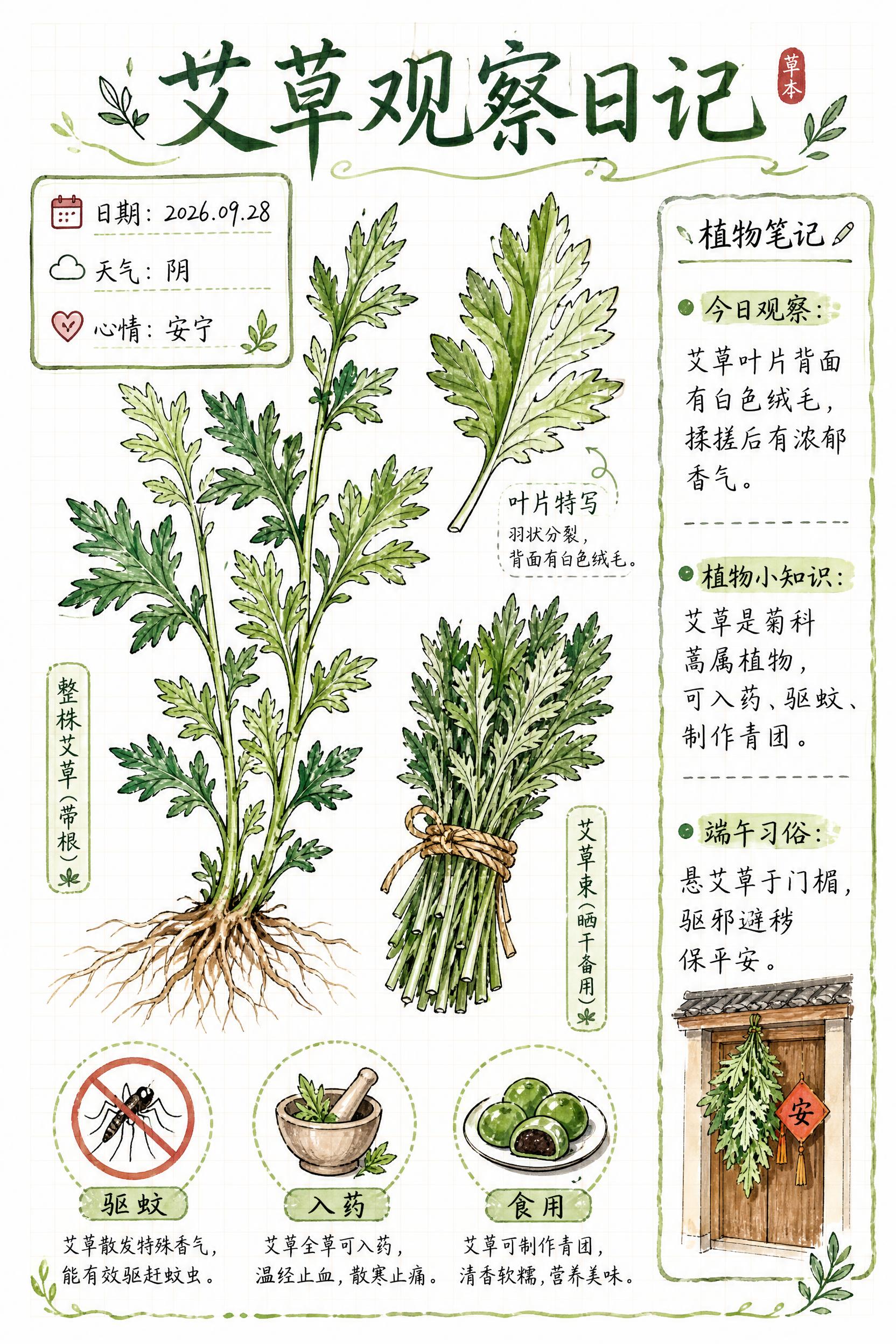 马克笔手绘风格的艾草观察日记海报，纯白色背景，A4竖版构图。画… - 图片创意预览