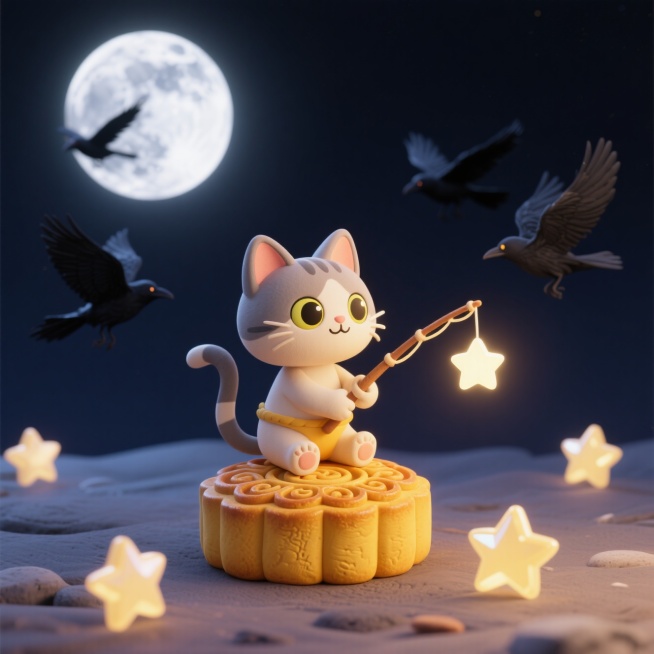 微缩创意，卡通拟人的猫星人坐在月饼上钓星星，星星装饰，夜色背景，远处飞来几只乌鸦，远远处，有一个亮亮的月亮。预览效果