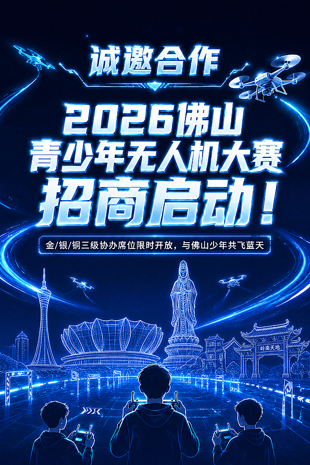 基于原图修改，将背景城市天际线替换为佛山本地标志性建筑，包括佛山电视塔、世纪莲体育中心、西樵山观音像、岭南天地古建筑等佛山地标，保持原浅蓝色发光线稿风格不变，保留所有原有文字标题、青少年操控无人机的前景元素不变，整体浅蓝色发光科技风不变，只替换背景地标的内容，替换后保持画面干净协调，贴合佛山本地赛事主题。