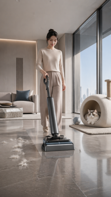 保留原场景布局、美的洗地机、猫咪猫窝和整体高端简约风格，添加一位女性人物，人物正在手握洗地机打理地面，保留地面上的猫毛，维持画面干净高级，比例为9:16，无任何文案预览效果