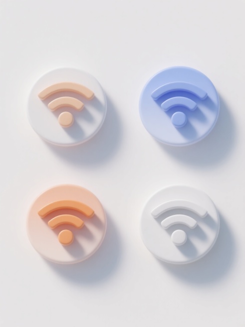 白色背景上排列整齐的四个不同配色、不同样式的3D立体WiFi图标，每个图标都具有光滑圆润的边缘、柔和的渐变色彩、清晰的高光与阴影细节，呈现出简约现代的设计风格，整体画面干净整洁，视觉层次分明。预览效果