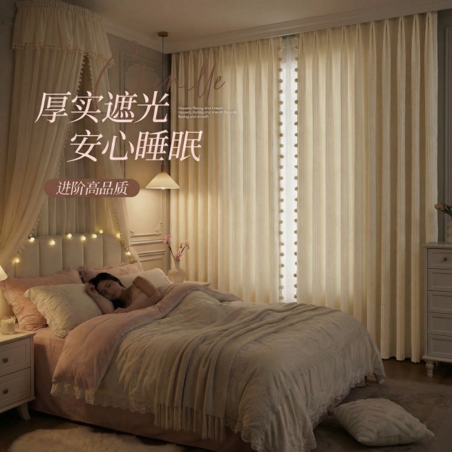 不改变原来的纹路，把窗帘的颜色改成奶油白色，也不要改变毛球的颜色，可以适当调整文字内容预览效果