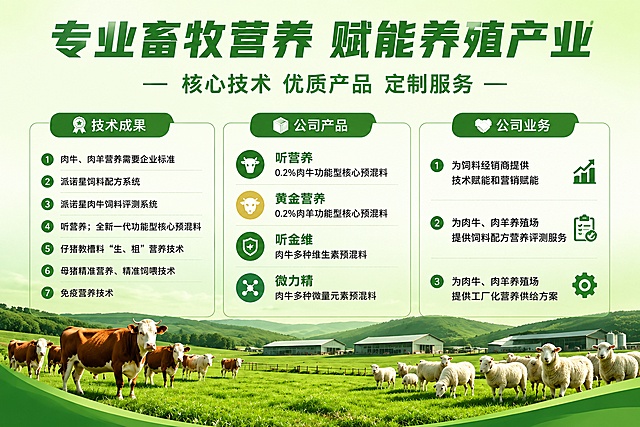 在上一张生成的畜牧养殖企业宣传海报基础上，整体风格更换为草绿色配色，删除图片左上角和右上角的树叶装饰，保持所有文案和版式不变，依旧为三栏布局，包含全部指定的技术成果、公司产品、公司业务内容，底部保留草地牧场和牛羊背景，文字清晰排版整齐，版式精美，4K超高清