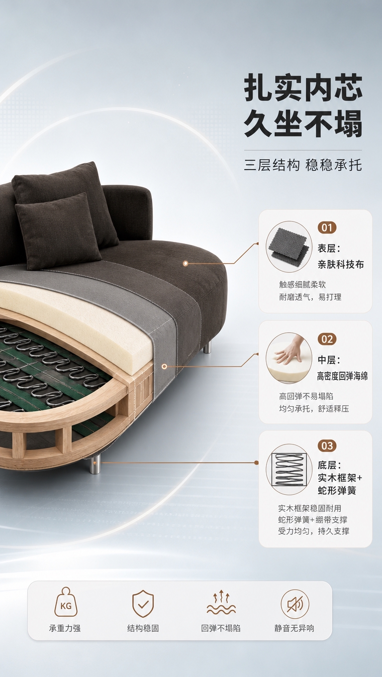 [商品] 使用【图1】深咖色弧形三人位贵妃休闲沙发；保留整体外… - 图片创意预览