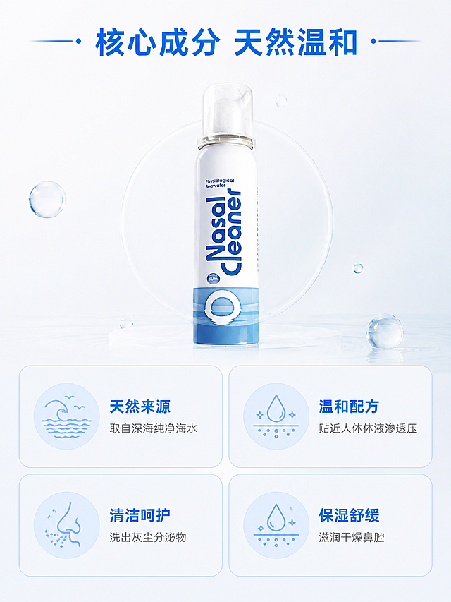 「图片1」结合参考图，围绕诺斯清生理性海水鼻腔喷雾制作电商详情页，整体选用干净素雅浅系色调，贴合居家日常与通勤多类使用环境，面向全年龄段大众群体打造兼具专业医用质感与简约高级观感的页面风格，全方位呈现产品适用场景、核心功效与适配优势。