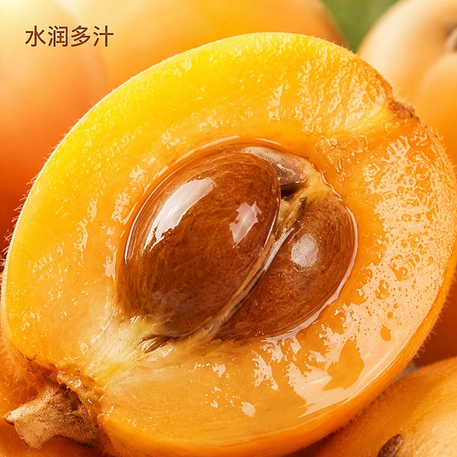 [主图-3] 枇杷果肉细节特写；[氛围风格] 微距写实风格，放大食欲感；[画质] 商业摄影质感、光线柔和通透、产品清晰真实、画面干净高级；[元素] 保持枇杷外观（物理结构、材质质感、颜色）与输入产品图绝对一致，杜绝任何变形和色差，精细化处理。微距镜头放大枇杷切开的横截面，突出果肉细腻纹理和晶莹汁水，果核清晰可见，表面挂着饱满果汁光泽，商品主体占比80%，背景虚化，焦点集中在果肉上；[光影] 逆光拍摄，光线穿透果肉，呈现通透金黄质感，汁水反光自然；[配色] 暖金黄果肉为主，深棕果核对比突出；[视角构图] 特写俯视构图，填满画面，突出细节；[文字版式] 左上小字标注“水润多汁”，不遮挡主体细节；[比例分辨率] 1:1比例，2K分辨率，文字清晰可辨，超高清；[负向提示词] 变形，文字错乱，产品图模糊，背景杂乱，水印，电商平台Logo