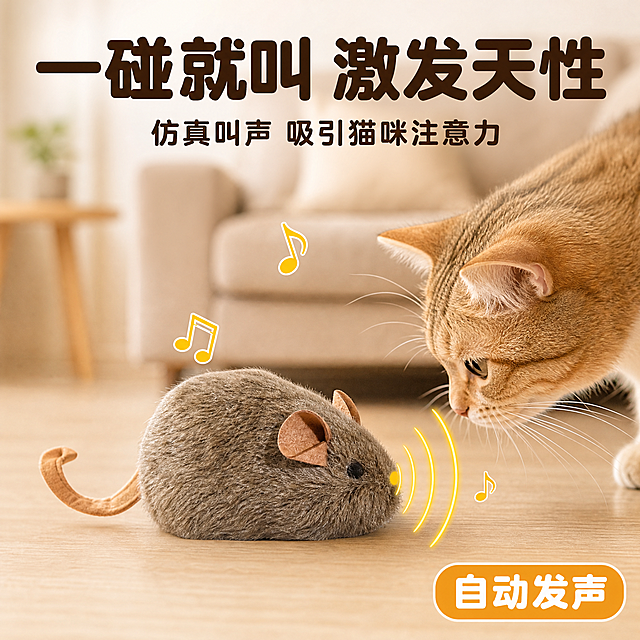 [主图-3] 仿真老鼠造型自动逗猫玩具 发声功能展示 一碰就叫 激发猫咪天性。
[统一基调] 拼多多风格 简约大气 大字直白 性价比感 暖灰米白主背景 深棕标题字 橙黄强调色 白色圆角卡片 圆润粗黑体 信息层级清晰。
[画面] 画面中心展示一只仿真老鼠逗猫玩具 正面视角 玩具前方有一只猫咪的鼻子凑近嗅闻 猫咪胡须清晰 画面中有黄色声波线条从玩具老鼠嘴巴处向外扩散 表示发出吱吱叫声 声波用动感的波浪线和音符图标表现 背景为温馨的客厅一角 浅色沙发和木质地板 虚化处理突出主体 产品占画面约40% 整体画面充满互动趣味性。
[光影质感] 自然室内柔光 温暖色调 毛绒玩具质感真实 猫咪毛发细腻 声波线条明亮醒目 整体光影柔和自然 生活场景感强。
[配色] 主背景暖米色客厅场景 声波线条亮黄色 标题深棕色 产品灰棕色 猫咪橘棕色 整体暖色调温馨有活力。
[文字版式] 画面上方大标题"一碰就叫 激发天性"圆润粗黑体 深棕色 标题下方小字说明"仿真叫声 吸引猫咪注意力" 右下角一个圆角小标签写"自动发声" 文字放在画面上方和右下角负空间 不遮挡产品和猫咪。
[输出要求] 1:1正方形 文字清晰可读 产品清晰不变形 无错字 无水印 无平台Logo 画面生动有趣。