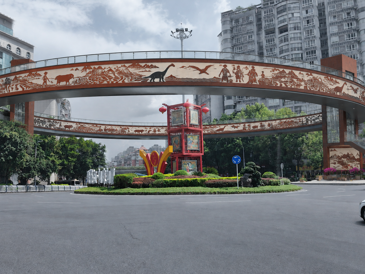 基于这张重庆綦江九龙大道环岛街景图，将环形人行天桥更换为耐候钢… - 图片创意预览