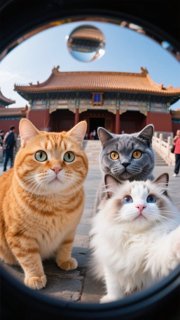 在故宫前，一只胖橘猫一只英短和一只布偶猫怼着鱼眼镜头卖萌，画面被它蓬松的毛发和呆萌的圆眼睛撑满。它们就像来故宫旅游的游客一样自拍预览效果