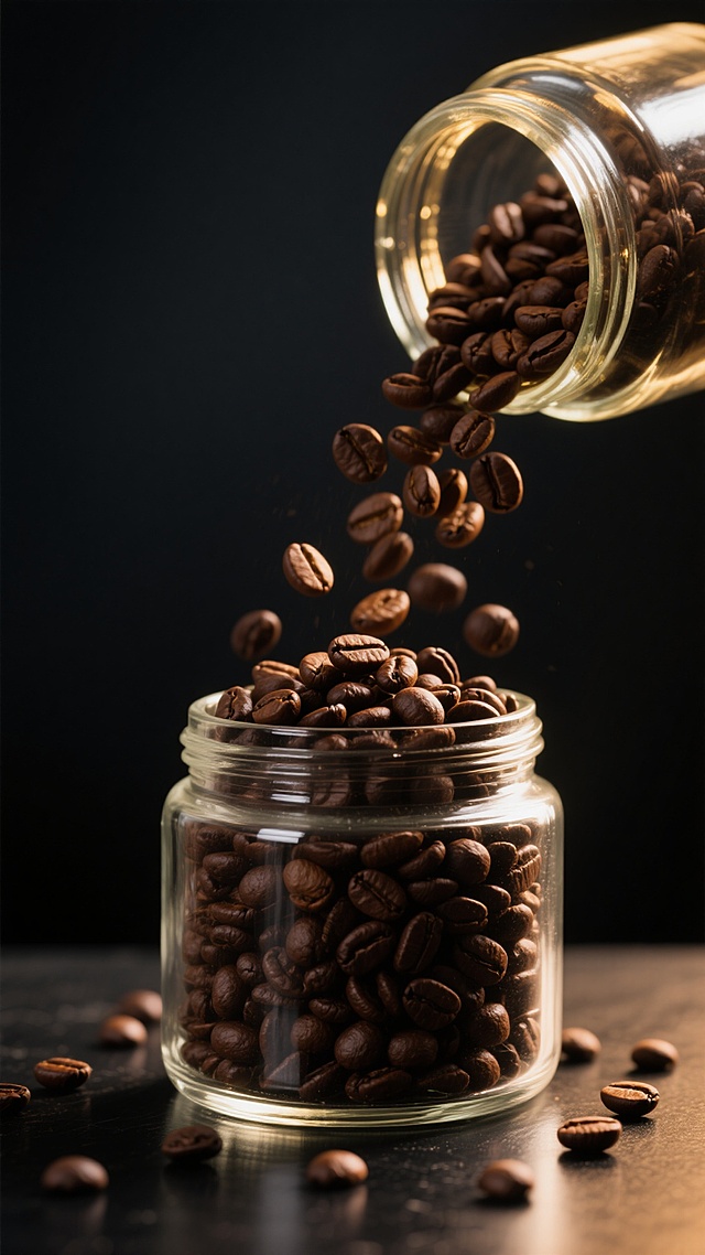 超写实摄影风格，深色背景下，一个透明玻璃罐装满深棕色咖啡豆，罐口敞开，上方另一个玻璃罐正倾斜着将大量咖啡豆倾倒而下，咖啡豆在空中形成自然散落的动态弧线，部分已落入下方罐中，部分散落在黑色光滑桌面上，温暖的侧上方光源照亮咖啡豆，凸显其表面的光泽和纹理细节，光影对比强烈，营造出浓郁、诱人的咖啡氛围，画面聚焦于咖啡豆的质感与动态瞬间，整体色调以深棕、黑色为主，点缀金色高光。