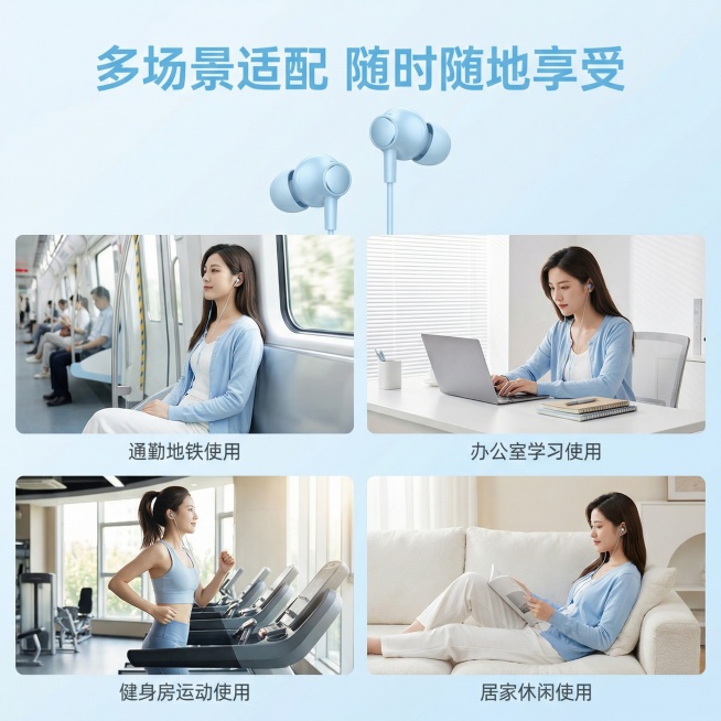[主图 4] 浅蓝色入耳式有线耳机多场景适用展示
[主图主题] 浅蓝色有线入耳式耳机多场景适用
[氛围/风格] 清新生活化场景，自然柔和光影
[画面元素] 采用四宫格场景宫格设计，每个宫格展示一个使用预览效果