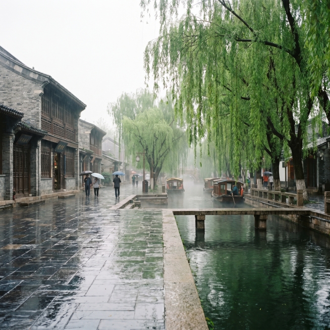 雨后济南城景色，老街巷青石板被雨水打湿，泉水更加充沛，垂柳翠绿欲滴，空气清新雾气氤氲，展现泉城雨后清新朦胧之美预览效果