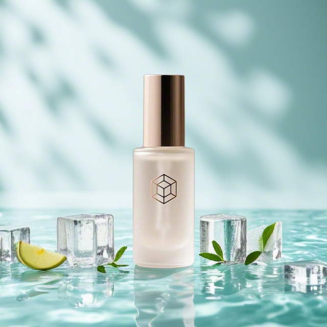 产品躺在波光粼粼的水面上，整体画面充满清凉水润感，周围很多冰块，饮料冒着冷气，水珠，冰凉感十足，