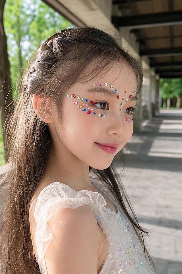 2:3竖版真实手机生活照，侧脸轮廓角度，公园走廊自然光下。小女孩侧脸微笑，马眼形状的钻贴夸张拉长眼尾：两只外眼角各斜贴三四颗大小马眼形状的亚克力钻贴像翅膀眼线，从眼尾一直拉到太阳穴，眼下和眉心也贴，整体眼妆拉长闪亮、像舞台亮片妆。马眼形钻的形状、刻面、通透质感、颜色严格还原参考图中的马眼形钻贴产品。下午的自然光从侧面打来、头发有柔光边，背景是虚化的绿树和走廊，像爸爸拍的生活照、真实手机质感、非影棚，无文字水印。小女孩淡妆，皮肤自然，画面真实感强。