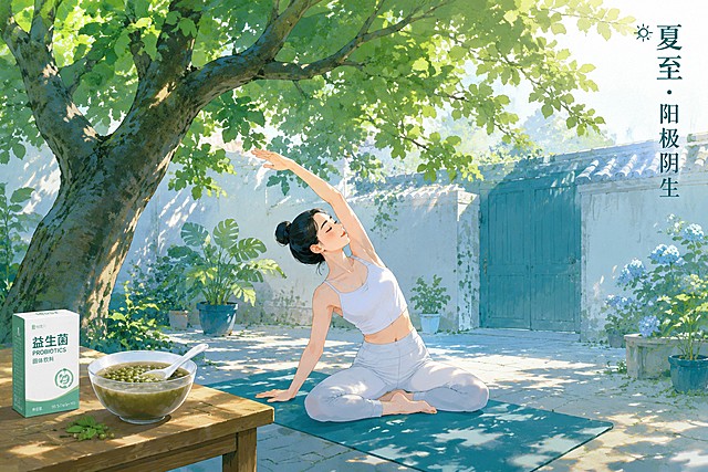 阳光炽烈的夏日庭院，一棵茂盛的大树下，一位年轻女性正在练习瑜伽拉伸动作，旁边桌上放着一碗绿豆汤和一盒益生菌。树影斑驳，光线温暖，右上角标注"夏至·阳极阴生"。蓝绿暖色调，扁平插画风格，宁静治愈氛围