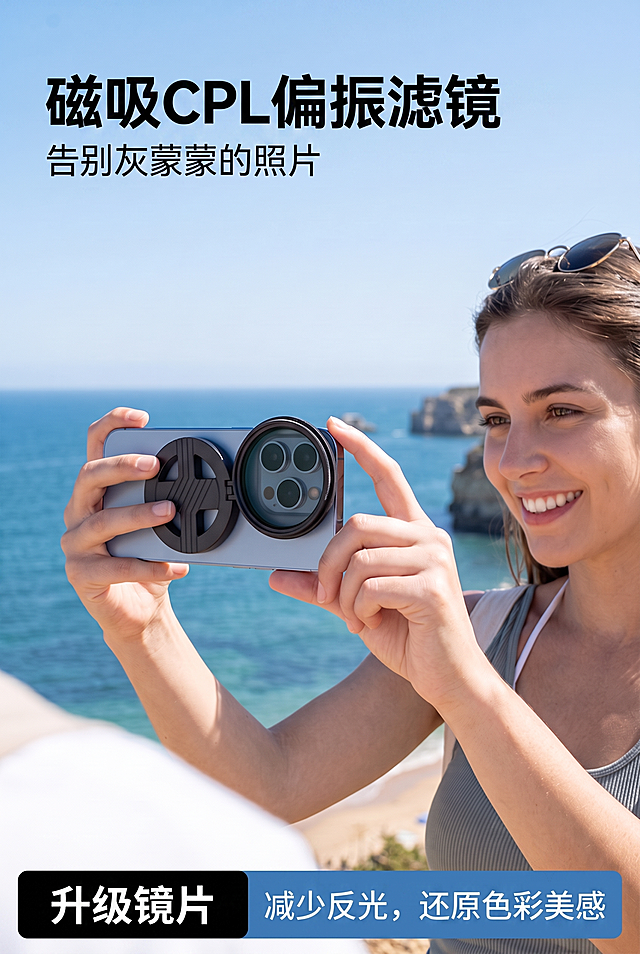 将图中所有英文文字替换为对应的中文，保持原有排版、字体风格、颜色和位置不变。替换内容：
- 大标题 MAGNETIC CPL FILTER 改为“磁吸CPL偏振滤镜”
- 副标题 Say goodbye to hazy shots 改为“告别灰蒙蒙的照片”
- 左下角黑底白字 UPGRADED MIRROR 改为“升级镜片”
- 右下角蓝底白字 REDUCE REFLECTION, RESTORE COLOR AESTHETICS 改为“减少反光，还原色彩美感”
人物、产品和背景保持不变。