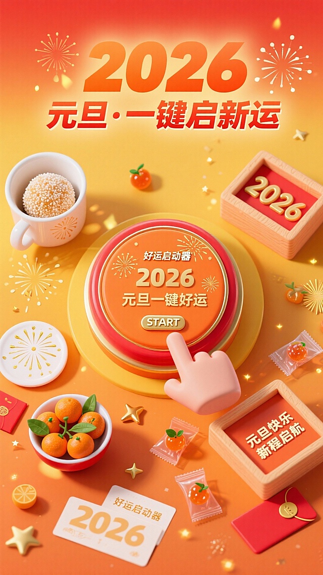 “2026 元旦・一键启新运”（橙红渐变艺术字，居画面顶部中央）；半透明橙红相间圆形 “好运启动器”（主体淡正红，烫金烟花装饰线条变细，中央按钮印 “2026 元旦一键好运”+ 浅金色 “START”，按钮微凸，手轻触按钮中心，橙黄渐变背景；左侧放盛满椰蓉麻薯的描金白瓷杯（杯身绘小烟花纹样），旁配装带叶金桔的红瓷小碗（金桔 8 颗）；右侧浅橙木质方盒（表面印 “2026” 艺术字），内装印 “元旦快乐”“新程启航” 的橙红金卡片；橙红渐变平面散落数字 2026 好运卡、迷你元旦红包、水果硬糖（透明包装，内有橙红糖芯），点缀金色星点光斑、迷你纸质烟花装饰；俯视摄影视角，启动器居画面中心，