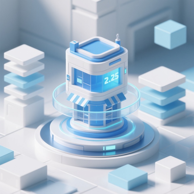 2.5D风格，等距视角构图，主体为蓝白配色的科技感建筑装置，置于带有透明光环的圆形基座上，周围环绕简洁几何形状的白色与淡蓝色商铺立体方块，叠层板块等装饰元素，整体画面简洁干净，色调以蓝白为主，营造出未预览效果