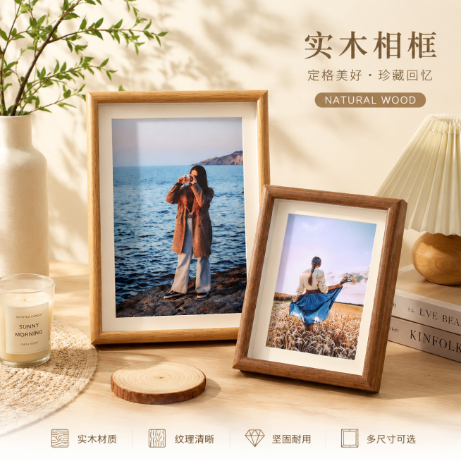 重新设计实木相框的电商主图，保留原产品展示，突出产品质感与温馨家居氛围预览效果