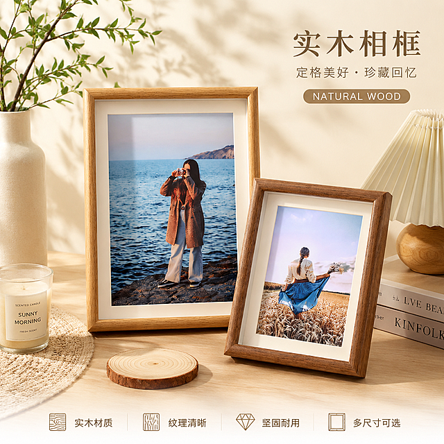 重新设计实木相框的电商主图，保留原产品展示，突出产品质感与温馨家居氛围