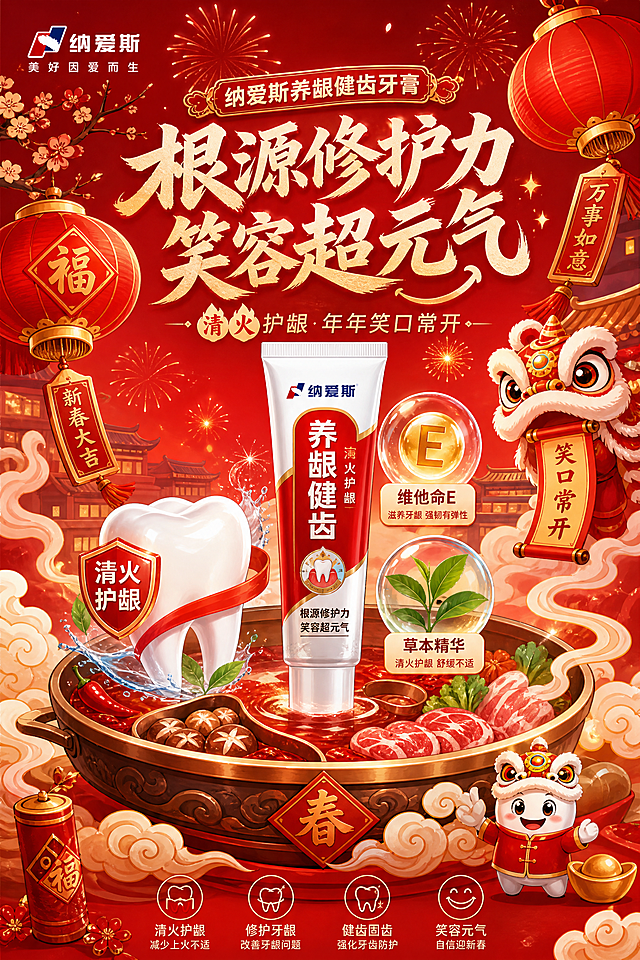 纯插画风格，不可用真实人物，春节纳爱斯养龈健齿牙膏清火护龈宣传海报，主题文字"根源修护力 笑容超元气"，包含红灯笼、烟花、火锅、祥云等春节元素，突出清火护龈卖点，核心成分维他命E和草本精华，设计感强，元素丰富，喜庆大红色调，符合纳爱斯品牌调性