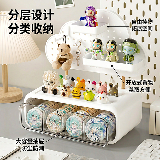 [垫图]https://gdesign-dam-hz.dancf.com/35930585260086374/ff2d2925c88a4e0abd8d0184fd3fcca3.png
[主图主题]收纳产品卖点细节主图
[氛围/风格]现代简约风，柔和自然光，突出细节质感
[画面元素]桌面收纳盒特写展示，抽屉顺滑拉开，透明可视窗清晰看到内部收纳的徽章，上层置物架摆放盲盒手办，洞洞板悬挂小挂件，旁边放置小熊玩偶，细节清晰，边缘处理光滑，材质通透有质感，背景为浅灰色桌面，画面铺满全屏
[配色色系]主色调：白色/透明（产品色）；辅助色：浅灰色（桌面）、彩色（手办）、暖白光
[视角构图]45度俯视视角，焦点在收纳盒的抽屉和分层结构，景深较浅突出主体
[文字版式]主标题“分层设计 分类收纳”，三个带引线卖点：引线连抽屉标注“大容量抽屉 防尘防潮”，引线连层板标注“开放式置物 拿取方便”，引线连洞洞板标注“自由挂物 拓展空间”，文字为黑色无衬线体，悬浮于背景，无多余底框
[比例分辨率]1:1比例，2K分辨率