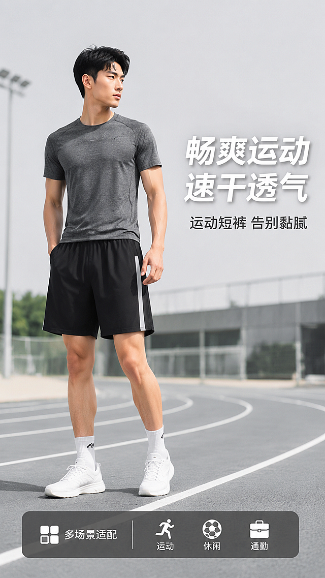 [第1屏] 详情页头图-黑色速干运动短裤功能户外主视觉海报。本屏使用【图1】作为商品主体。
[氛围/风格] 专业运动户外风，浅灰运动场景背景，商业摄影质感，简约高级氛围。
[元素布局] 亚洲男模特穿着短裤站在户外操场左侧，占比约65%；右侧留白放置标题文案，背景增加运动模糊跑道元素；产品版型、颜色、侧边拼接条与输入产品图一致。
[光影质感] 正面柔和自然光，人物下方自然投影，整体画面明亮通透，突出产品轮廓。
[配色色系] 全局底色 #F5F5F5；主色黑色短裤；辅助色浅灰背景，白色标题，深灰副标题。
[视角构图] 正面平视模特全身，产品为视觉中心，阅读动线左侧人物 → 右侧标题 → 底部信息条。
[文字版式] 版式为左人物右标题+底部信息条。主标题「畅爽运动 速干透气」，副标题「运动短裤 告别黏腻」，粗体字右对齐；底部信息栏标注「多场景适配 运动/休闲/通勤」，文字清晰不遮挡主体。
[比例分辨率] 9:16 竖版比例，4K 分辨率，文字清晰可辨，高清画质。
[负向提示词] 裤型变形，缺件错件，颜色偏差，侧边拼接条错位，水印，文字错乱，产品图模糊。