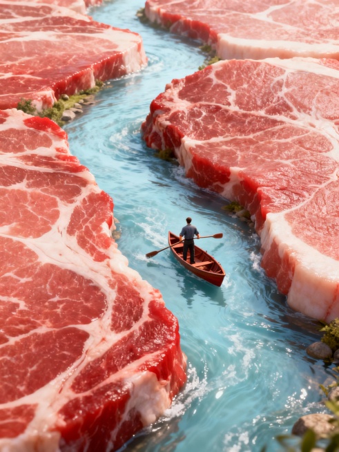 Bird's Eye View, the cover of a food advertisement, shows some pieces of pork forming a river, ultra预览效果