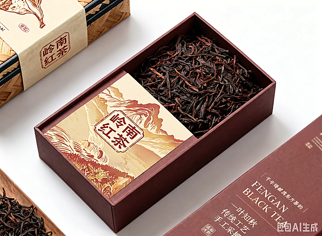 参考原图的包装风格和布局，生成一套同风格的岭南红茶茶叶包装盒，保留原有的国潮山水底纹设计和方形印章文字排版，将文字替换为“岭南红茶”，包装配色调整为适合红茶的暖色调，整体场景、构图和拍摄风格保持一致